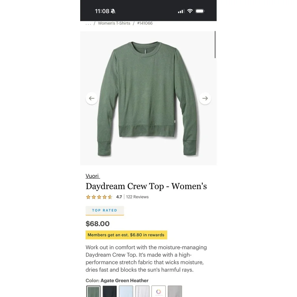 Vuori Daydream Crew Top Women S Green Heather VW133 Performance Stretch - Picture 9 of 9